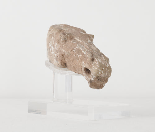 POTTERY HORSE HEAD FRAGMENT ON LUCITE BASE , A